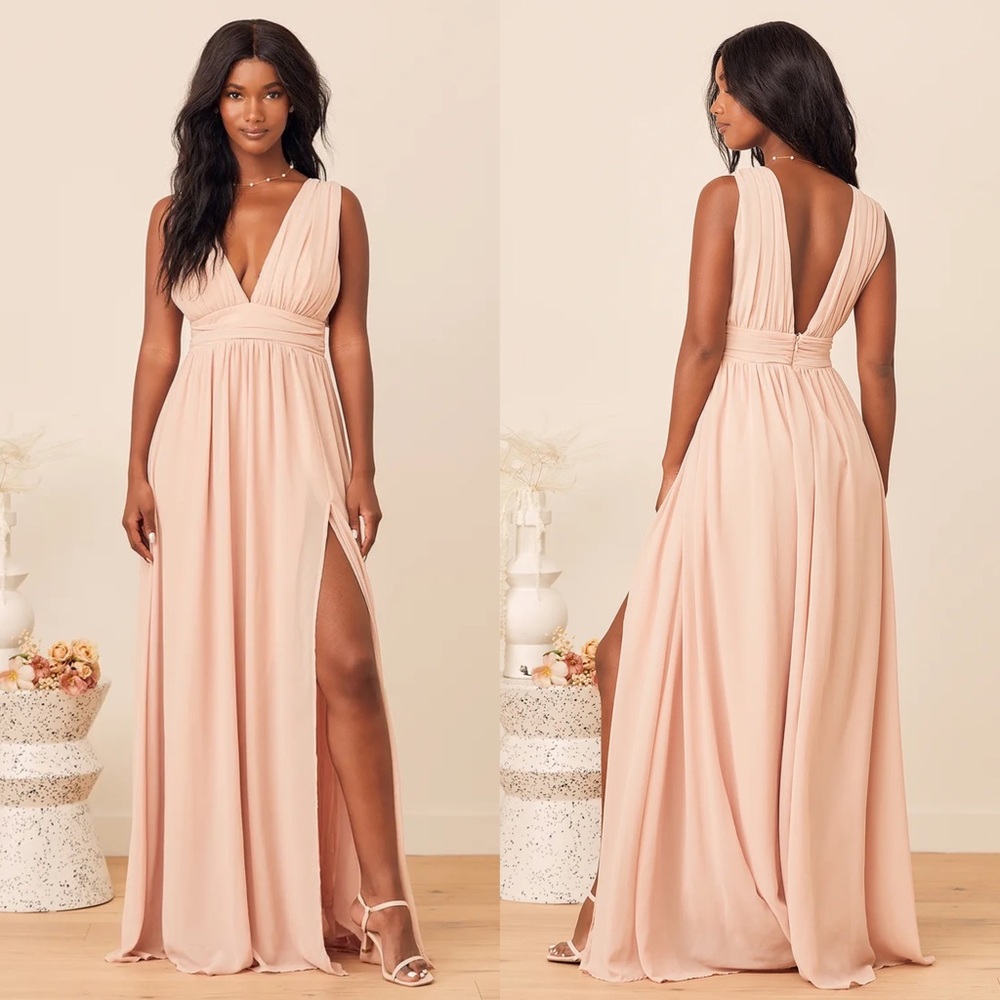 LULUS HEAVENLY HUES BLUSH GEORGETTE V NECK LEG SLIT BRIDESMAID MAXI DRESS